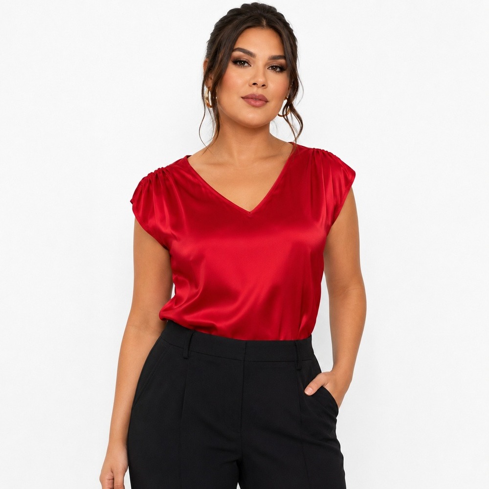 Montgomery Post Red Satin V-Neck Cap Sleeve Blouse Top 1X NWT